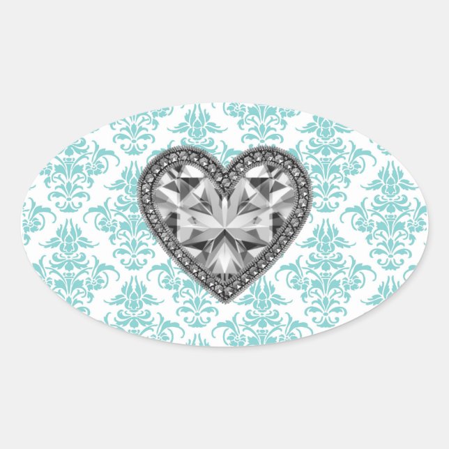 Teal Damask Heart Envelope Seal Party Favor Labels (Front)