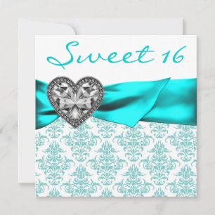 Teal Damask Heart Teal Blue Sweet 16 Party Invitation