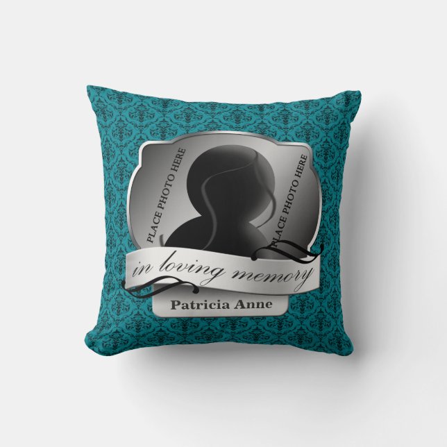 Teal Damask "In Loving Memory" In Memoriam Throw Pillow (Front)