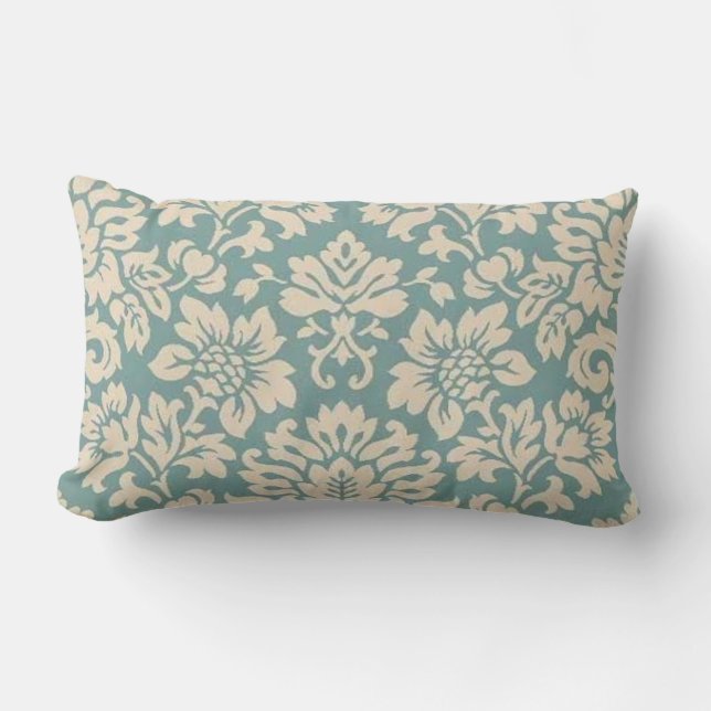 Teal Damask Lumbar Throw Pillow (Front)