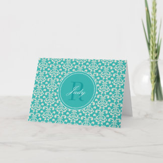 Teal Damask Monogram Note Cards