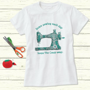 Teal Damask Monogram Sewing Humor T-Shirt