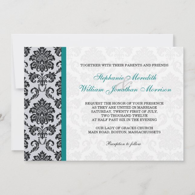 Teal Damask Monogram Wedding Invitation (Front)