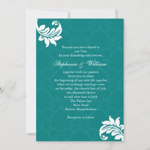 Teal Damask Monogram Wedding Invitation