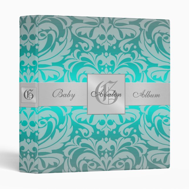 Teal Damask Monogrammed Baby Album Binder (Front/Spine)