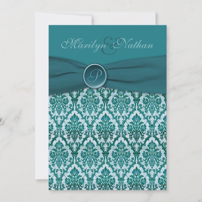 Teal Damask Monogrammed Wedding Invitation (Front)