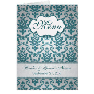 Teal damask on a silver background Menu Cards