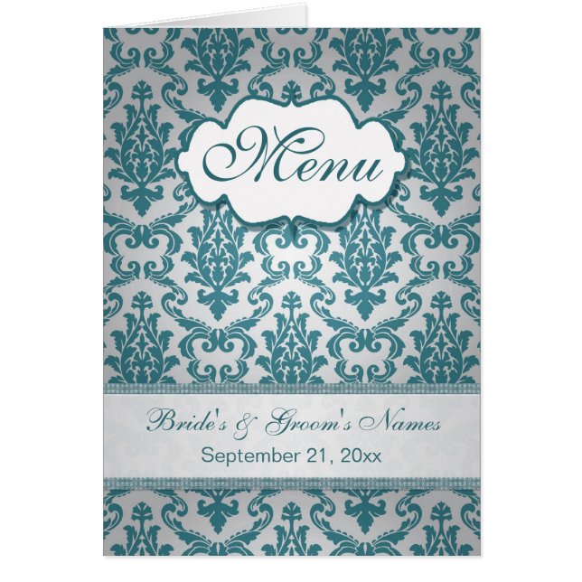 Teal damask on a silver background Menu Cards (Front)