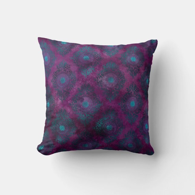 Teal Damask on Purple Throw Pillow (Front)