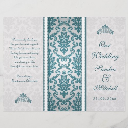 Teal damask on silver Wedding Program