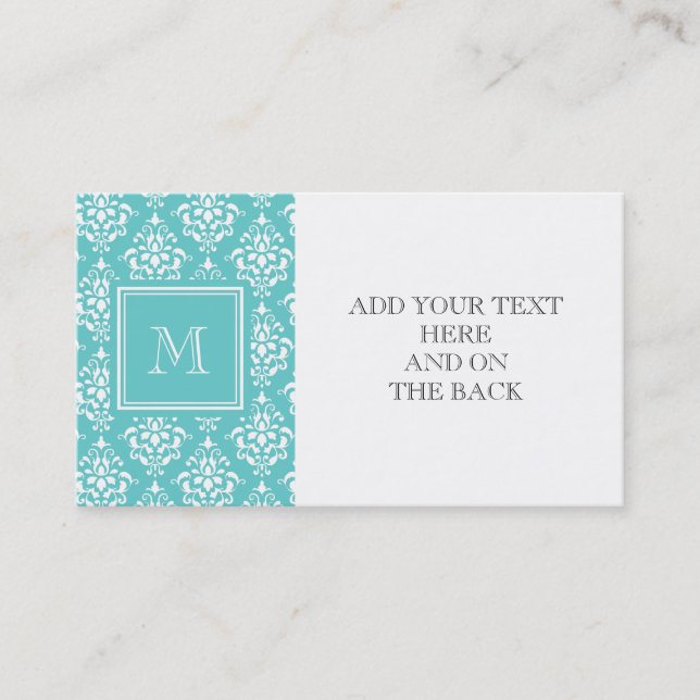 Teal Damask Pattern 1 with Monogram Business Card (Front)