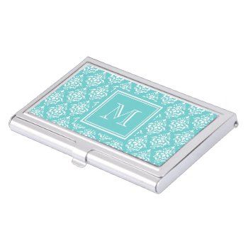 Teal Damask Pattern 1 With Monogram Business Card Case by GraphicsByMimi at Zazzle