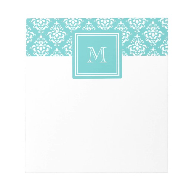 Teal Damask Pattern 1 with Monogram Notepad (Front)