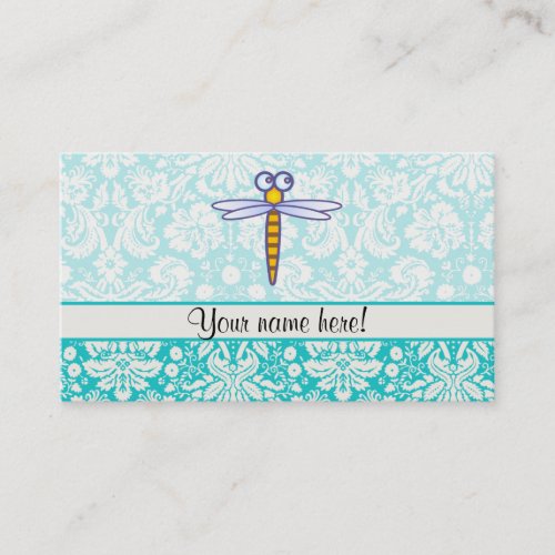 Teal Damask Pattern Dragonfly Business Card