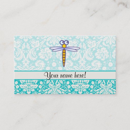 Customizable Teal Damask Pattern Dragonfly Business Card