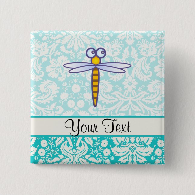 Teal Damask Pattern Dragonfly Button (Front)