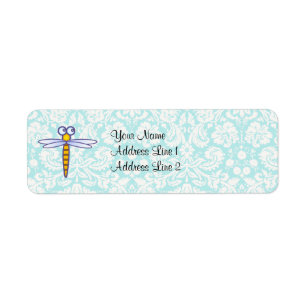 Teal Damask Pattern Dragonfly Label