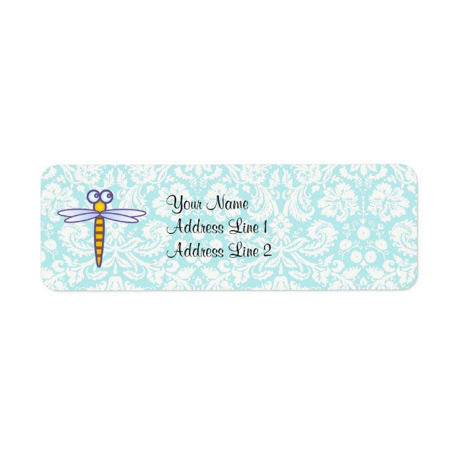 Teal Damask Pattern Dragonfly Label (Front)
