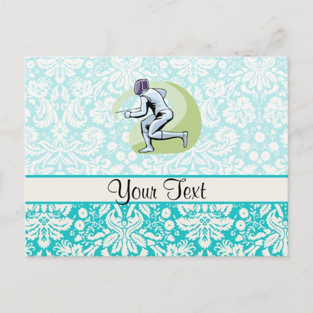 Teal Damask Pattern Fencing Postcard (Front)