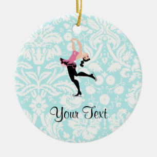 Teal Damask Pattern Ice Skating Ceramic Ornament