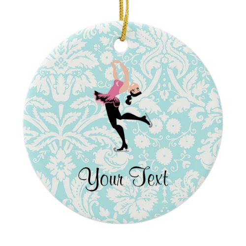 Teal Damask Pattern Ice Skating Ceramic Ornament