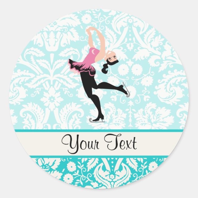 Teal Damask Pattern Ice Skating Classic Round Sticker (Front)