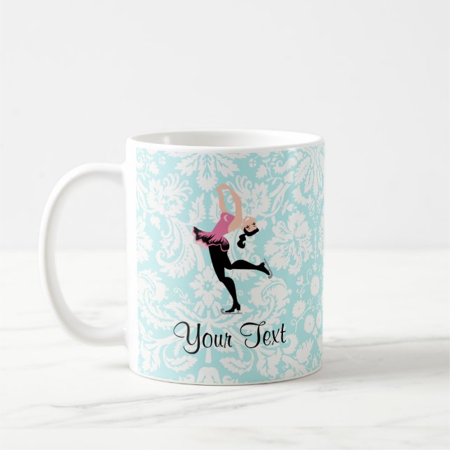 Teal Damask Pattern Ice Skating Coffee Mug (Left)