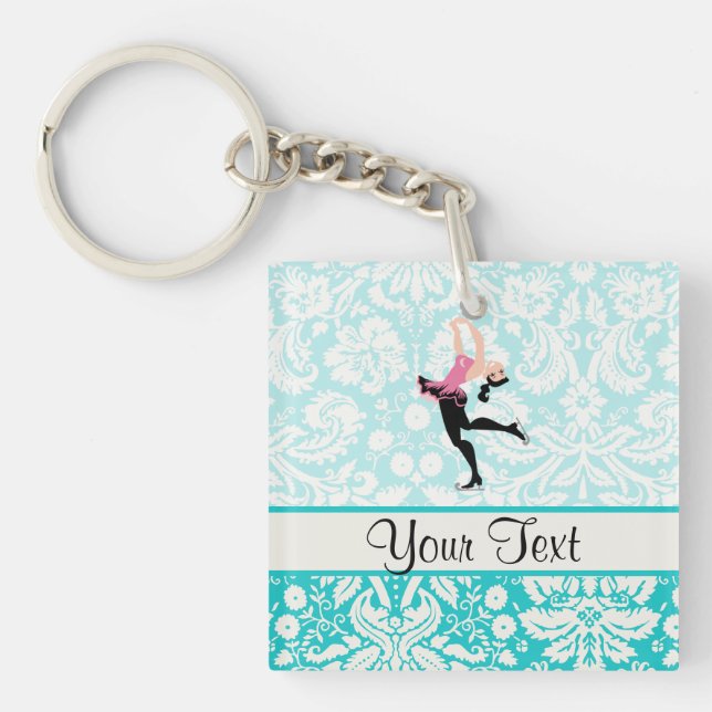 Teal Damask Pattern Ice Skating Keychain (Front)