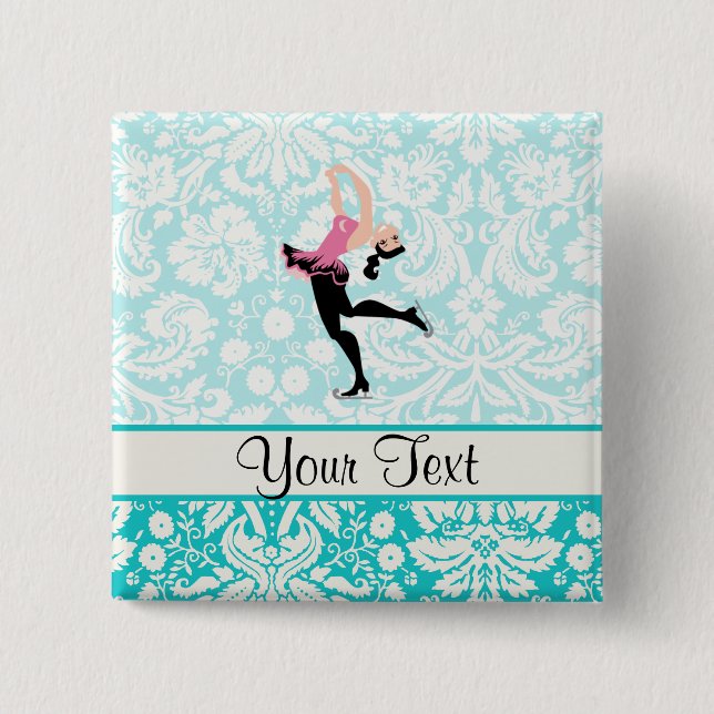Teal Damask Pattern Ice Skating Pinback Button (Front)