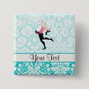Teal Damask Pattern Ice Skating Pinback Button