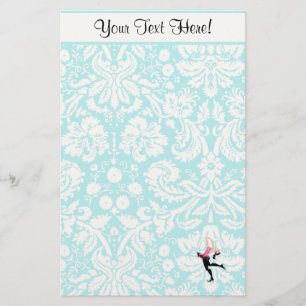 Teal Damask Pattern Ice Skating Stationery