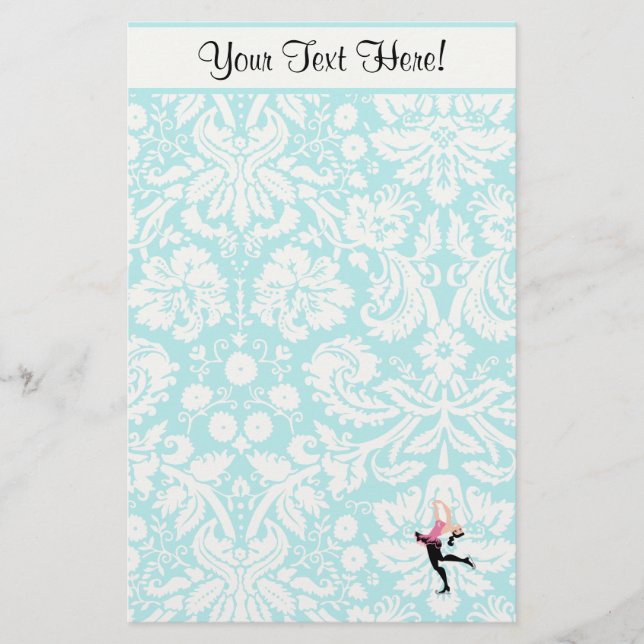 Teal Damask Pattern Ice Skating Stationery (Front)