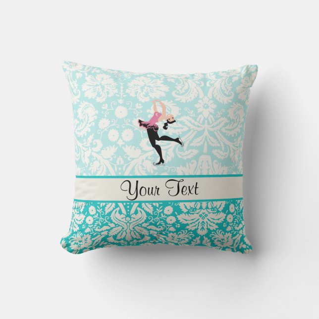 Teal Damask Pattern Ice Skating Throw Pillow (Front)