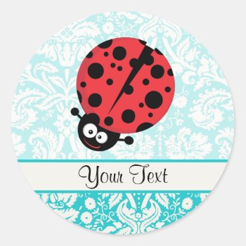 Teal Damask Pattern Ladybug Classic Round Sticker by CreativeCovers at Zazzle