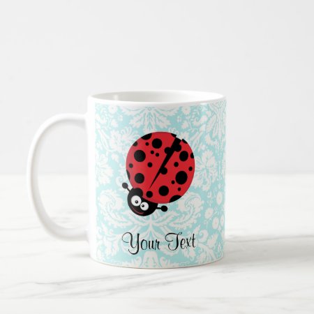 Teal Damask Pattern Ladybug Coffee Mug