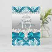 Teal Damask Pearl Bow Quinceanera Invite (Standing Front)