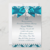 Teal Damask Pearl Bow Quinceanera Invite (Back)