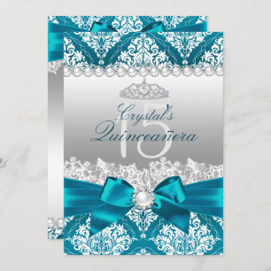 Teal Damask Pearl Bow Quinceanera Invite