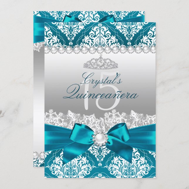 Teal Damask Pearl Bow Quinceanera Invite (Front/Back)