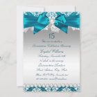 Teal Damask Pearl Bow Quinceanera Invite