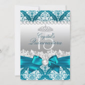 Teal Damask Pearl Bow Quinceanera Invite (Front)