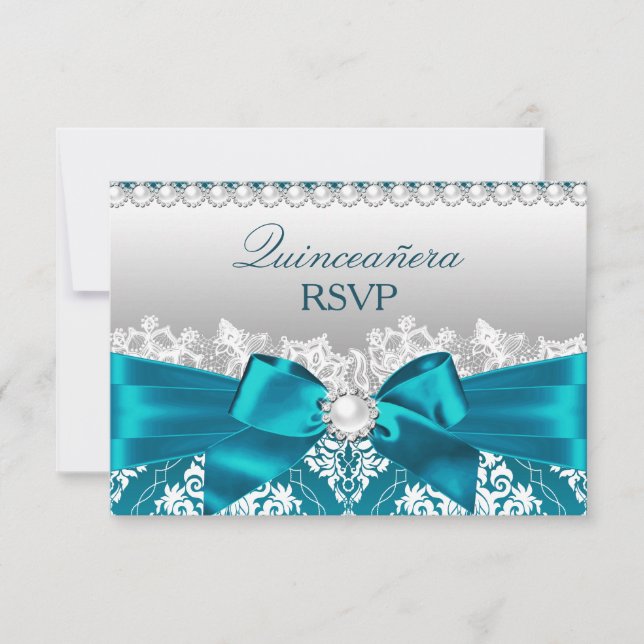 Teal Damask Pearl Bow Quinceanera RSVP Card (Front)