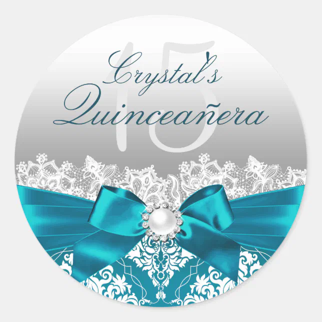 Teal Damask And Pearl Bow Quinceanera Sticker Zazzle