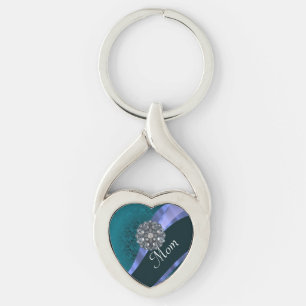 Teal damask personalized mom keychain