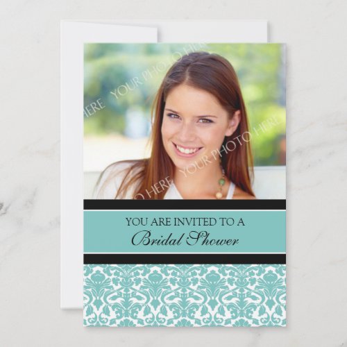 Teal Damask Photo Bridal Shower Invitation Cards