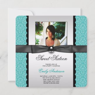 Teal Damask Photo Sweet 16 Party Invitation