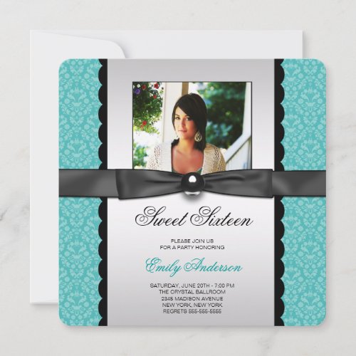 Teal Damask Photo Sweet 16 Party Custom Invites