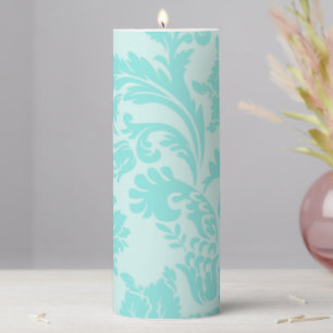 Teal damask pillar candle