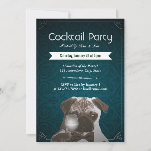 Teal Damask Pug &amp; Wine Cocktail Party Invitations 5" X 7" Invitation Ca...