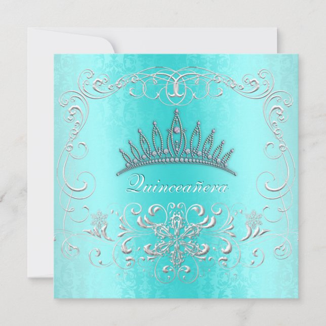Teal Damask Quinceanera Diamond Tiara Invite (Front)